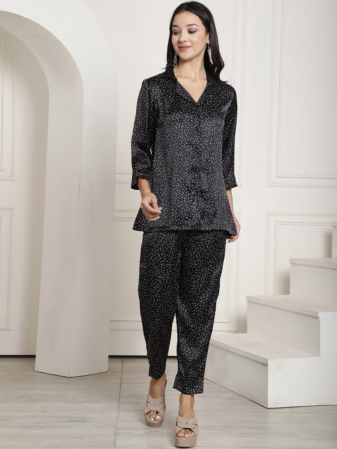 

Aawari Abstract Printed Satin Shirt & Trousers, Black