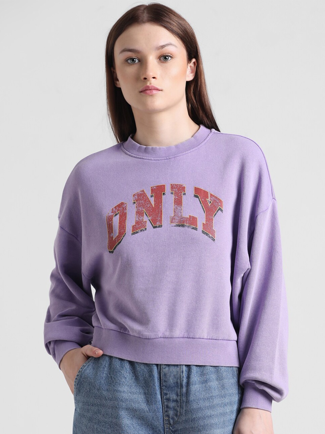 

ONLY Onlatara Acid Typography Printed Pure Cotton Pullover Sweatshirt, Lavender