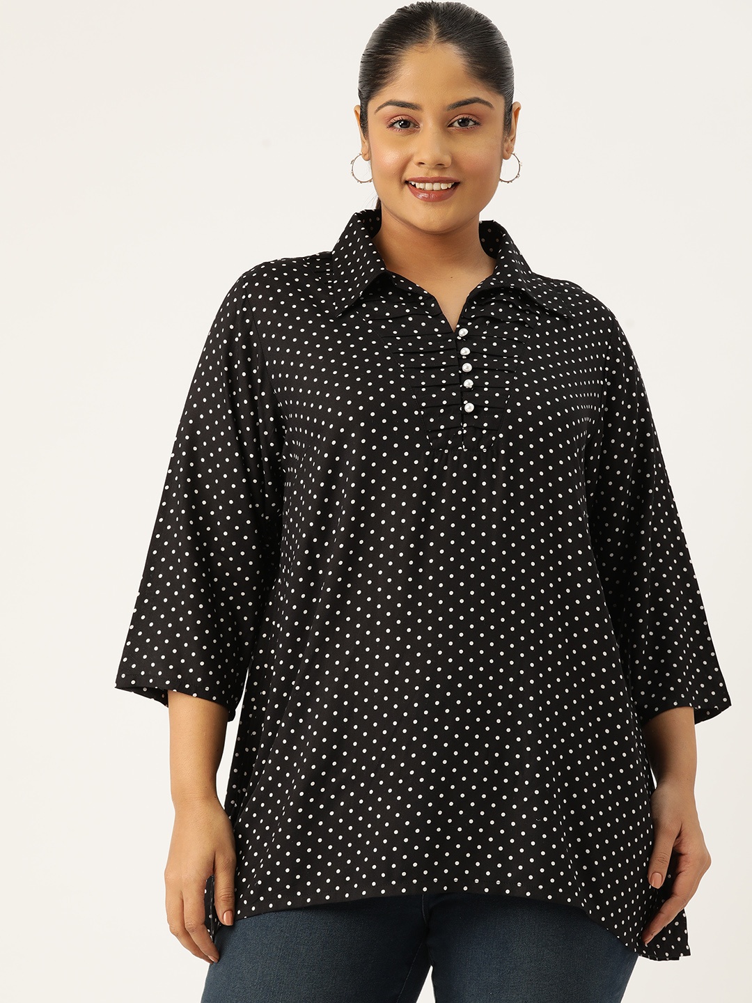 

theRebelinme Plus Size Polka Dot Printed Shirt Style Longline Top, Black