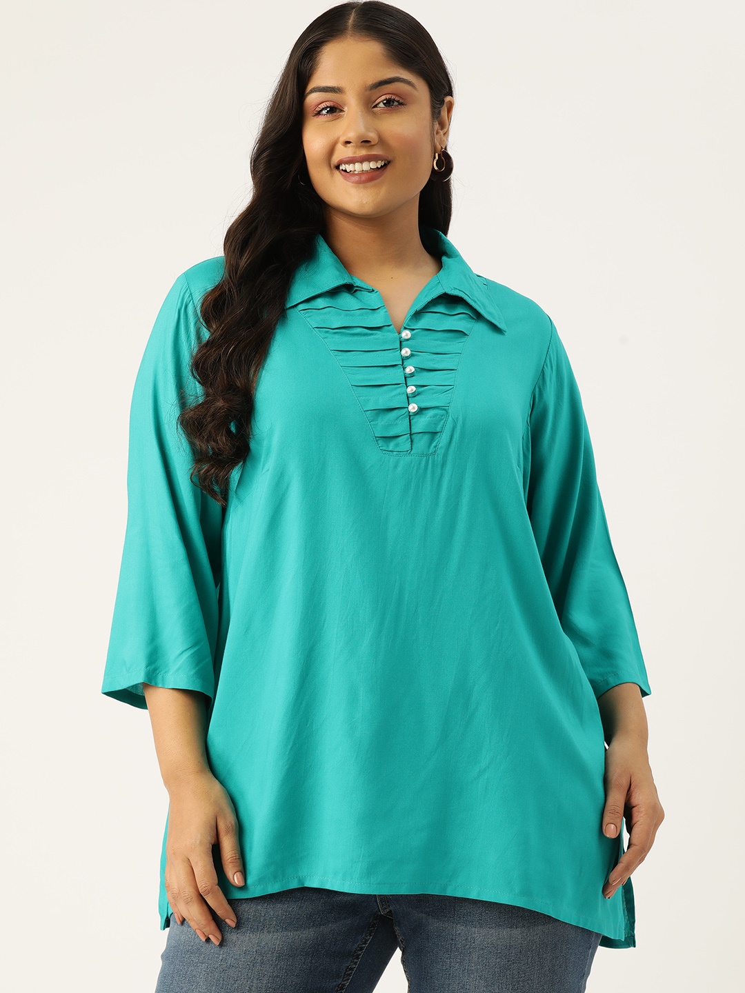 

theRebelinme Plus Size Shirt Style Longline Top, Teal