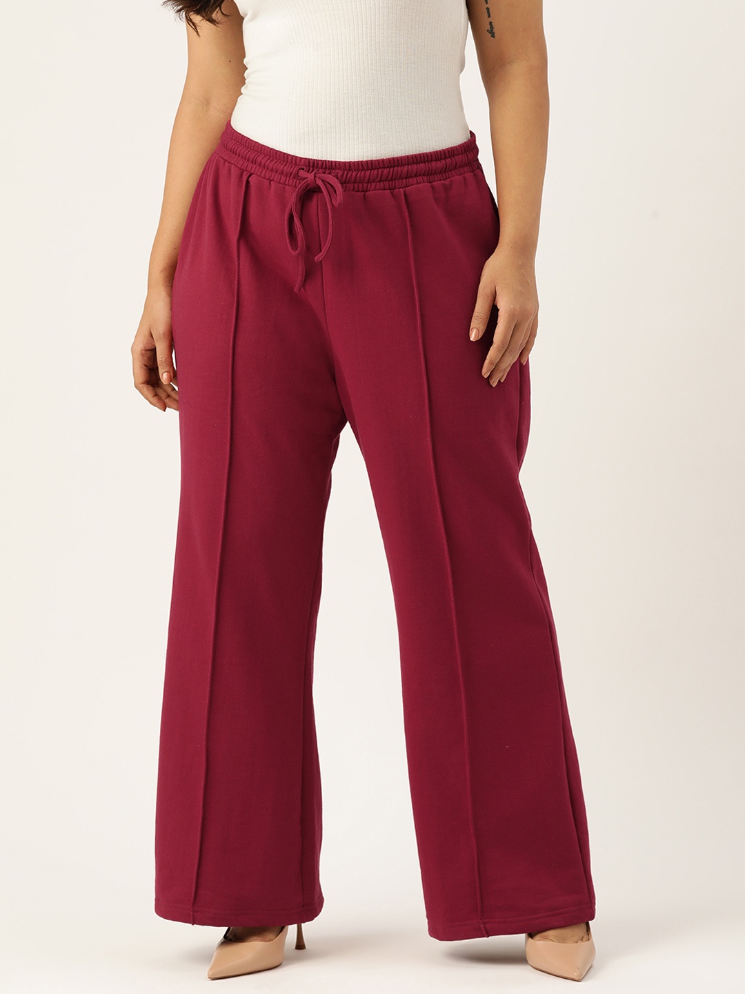 

theRebelinme Plus Size Relaxed High-Rise Easy Wash Pleated Fleece Trousers, Maroon