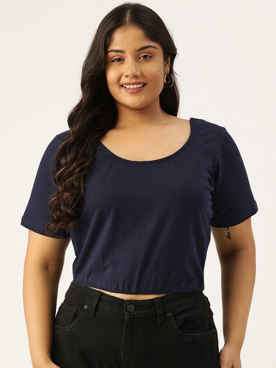 

theRebelinme Plus Size Scoop Neck Crop Top, Navy blue