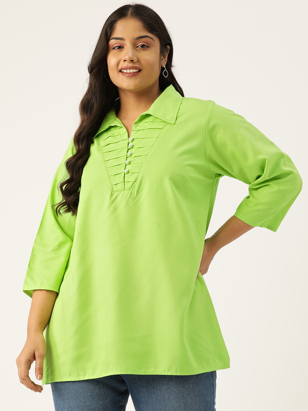 

theRebelinme Women Plus Size Solid Shirt Style Longline Top, Fluorescent green