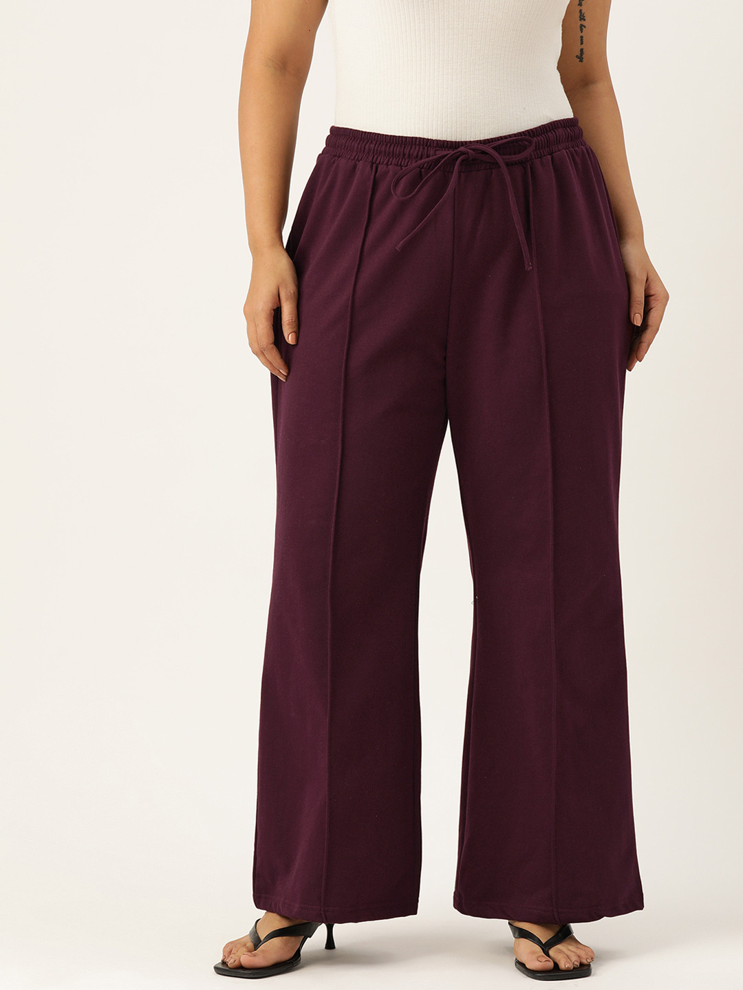 

theRebelinme Women Plus Size Relaxed Solid High-Rise Regular Trousers, Burgundy