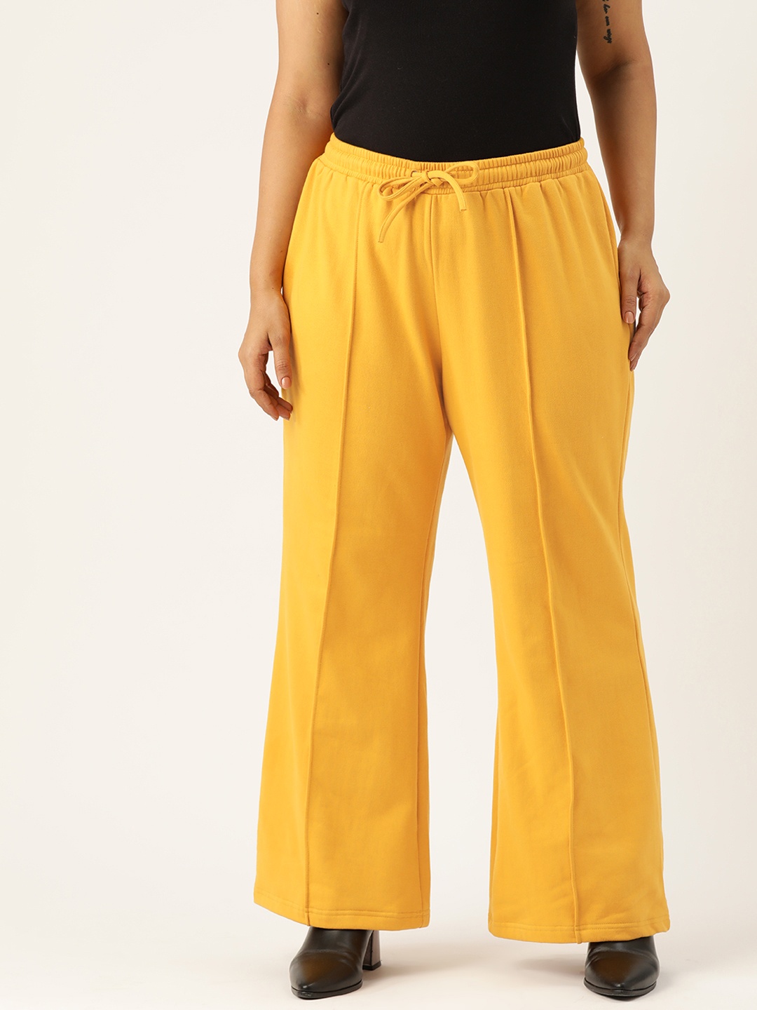 

theRebelinme Women Plus Size Relaxed Solid High-Rise Regular Trousers, Yellow