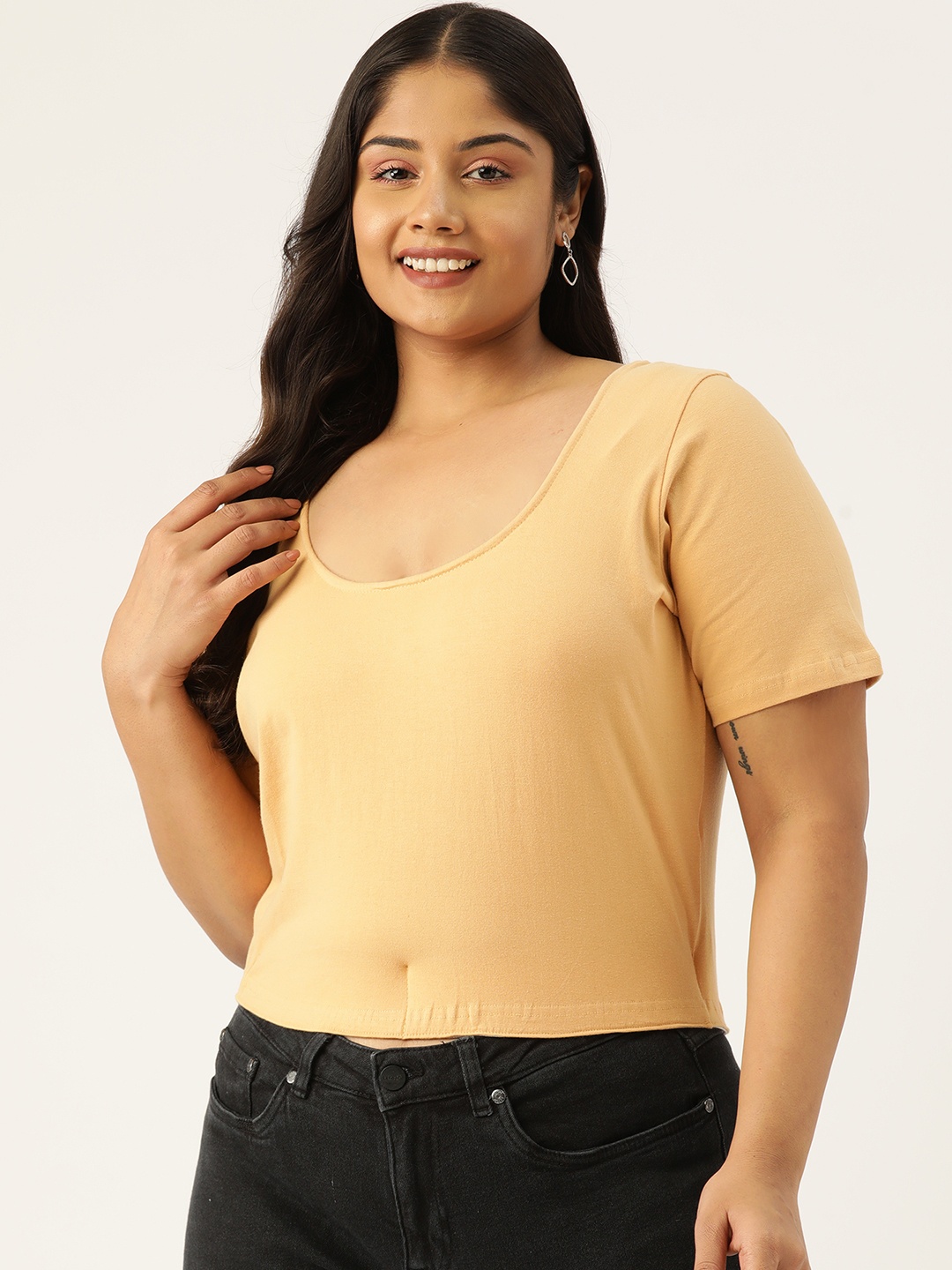

theRebelinme Plus Size Scoop Neck Crop Top, Beige