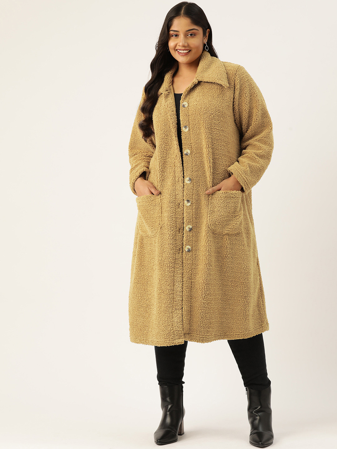

theRebelinme Women Plus Size Solid Longline Tailored Jacket, Camel brown
