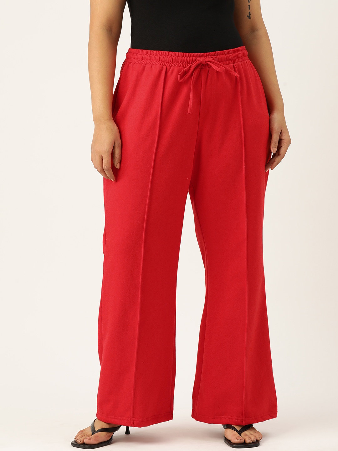 

theRebelinme Women Plus Size Relaxed Solid High-Rise Regular Trousers, Red