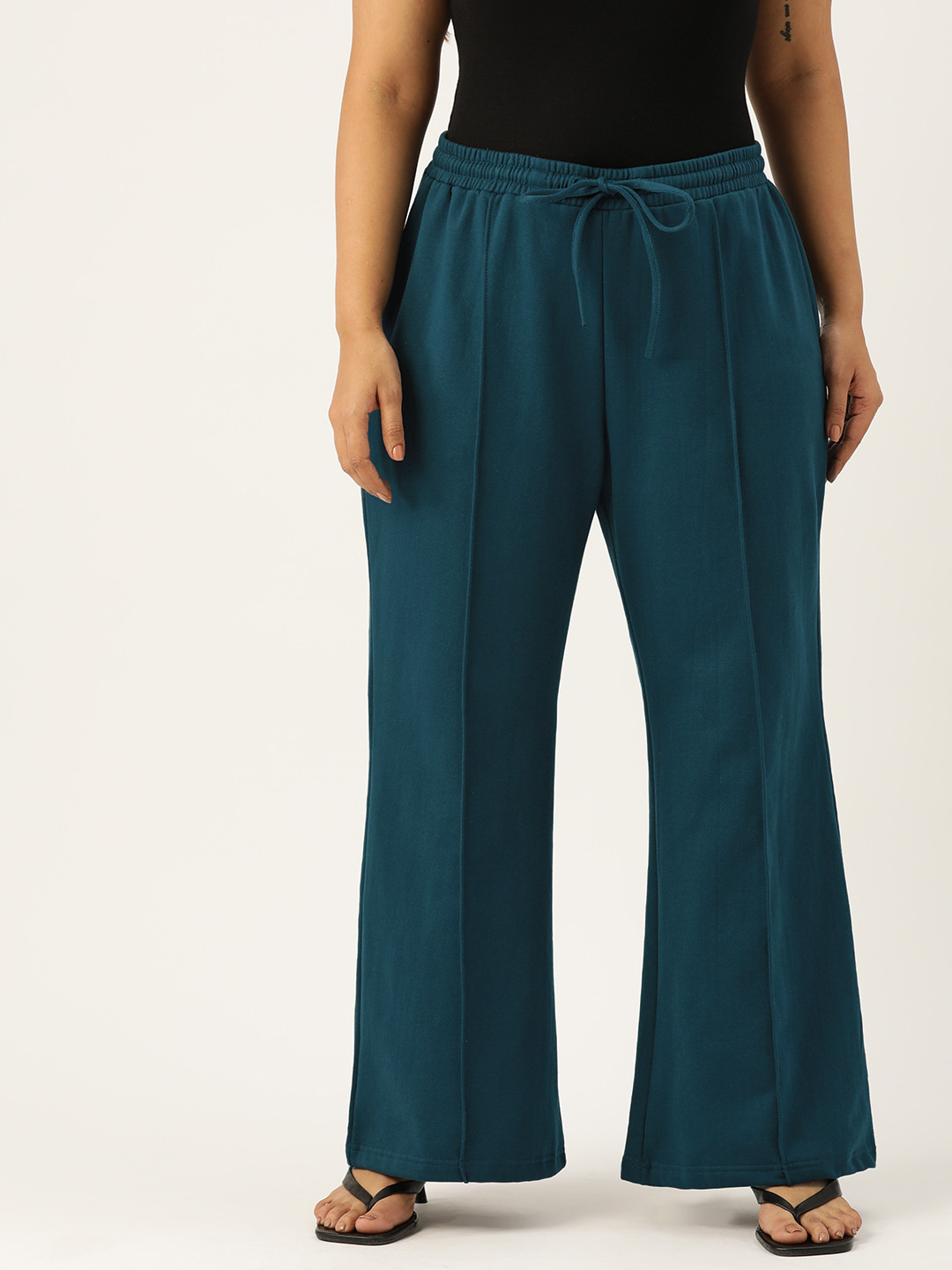 

theRebelinme Women Plus Size Relaxed Solid High-Rise Regular Trousers, Teal