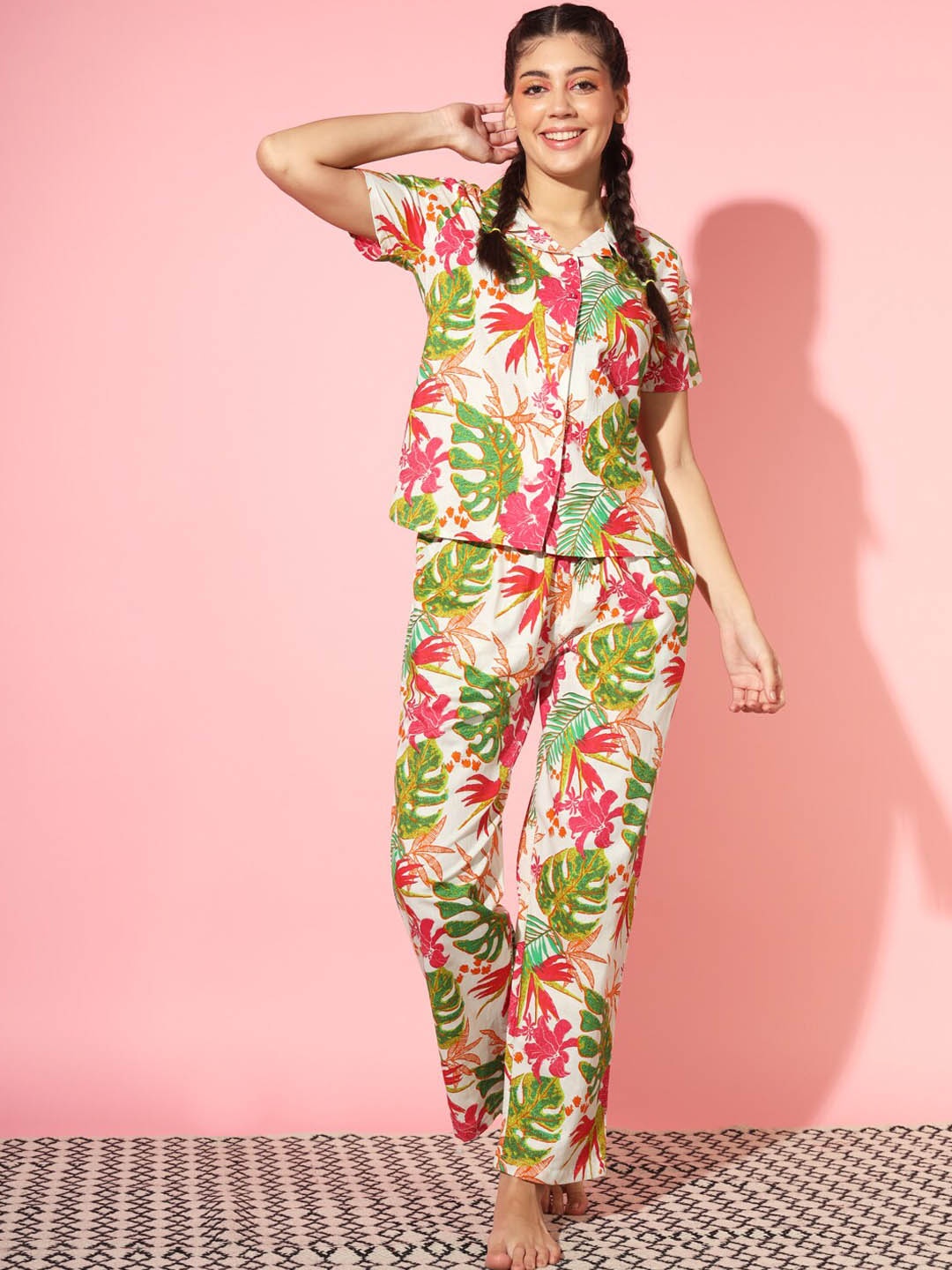 

ETC Floral Printed Pure Cotton Shirt & Trousers, White