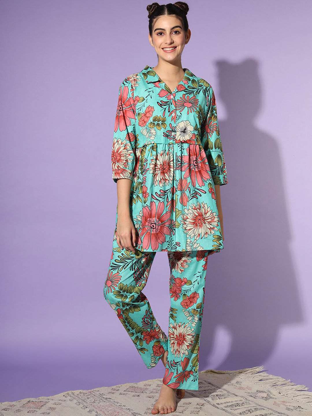 

ETC Floral Printed Pure Cotton Night suit, Green
