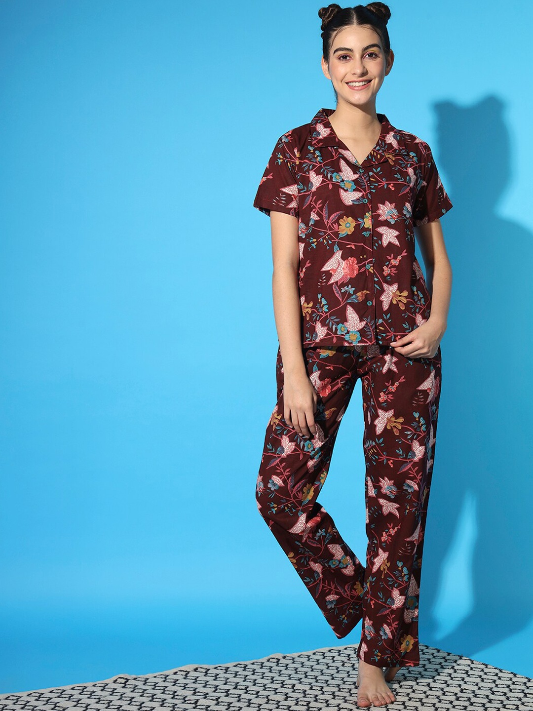 

ETC Floral-Printed Pure-Cotton Shirt & Pyjamas, Maroon