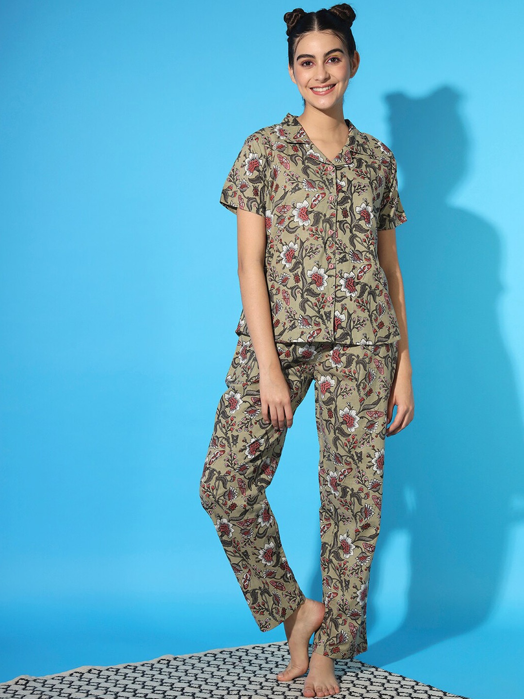 

ETC Floral Printed Shirt & Pyjamas Pure Cotton Night suits, Olive