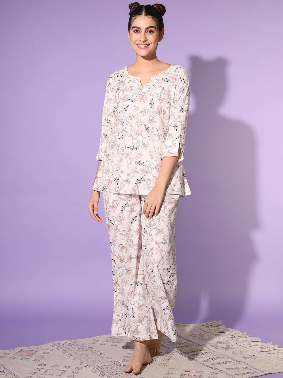 

ETC Floral Printed Pure Cotton Night Suit, White