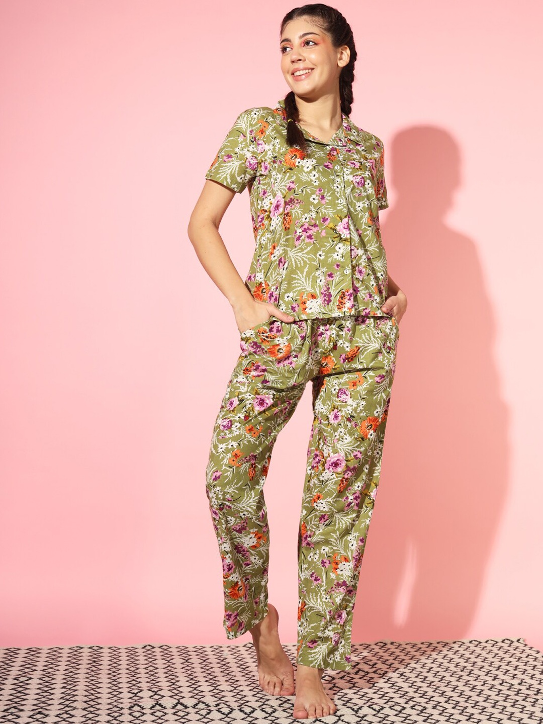 

ETC Floral Printed Pure Cotton Night Suit, Green