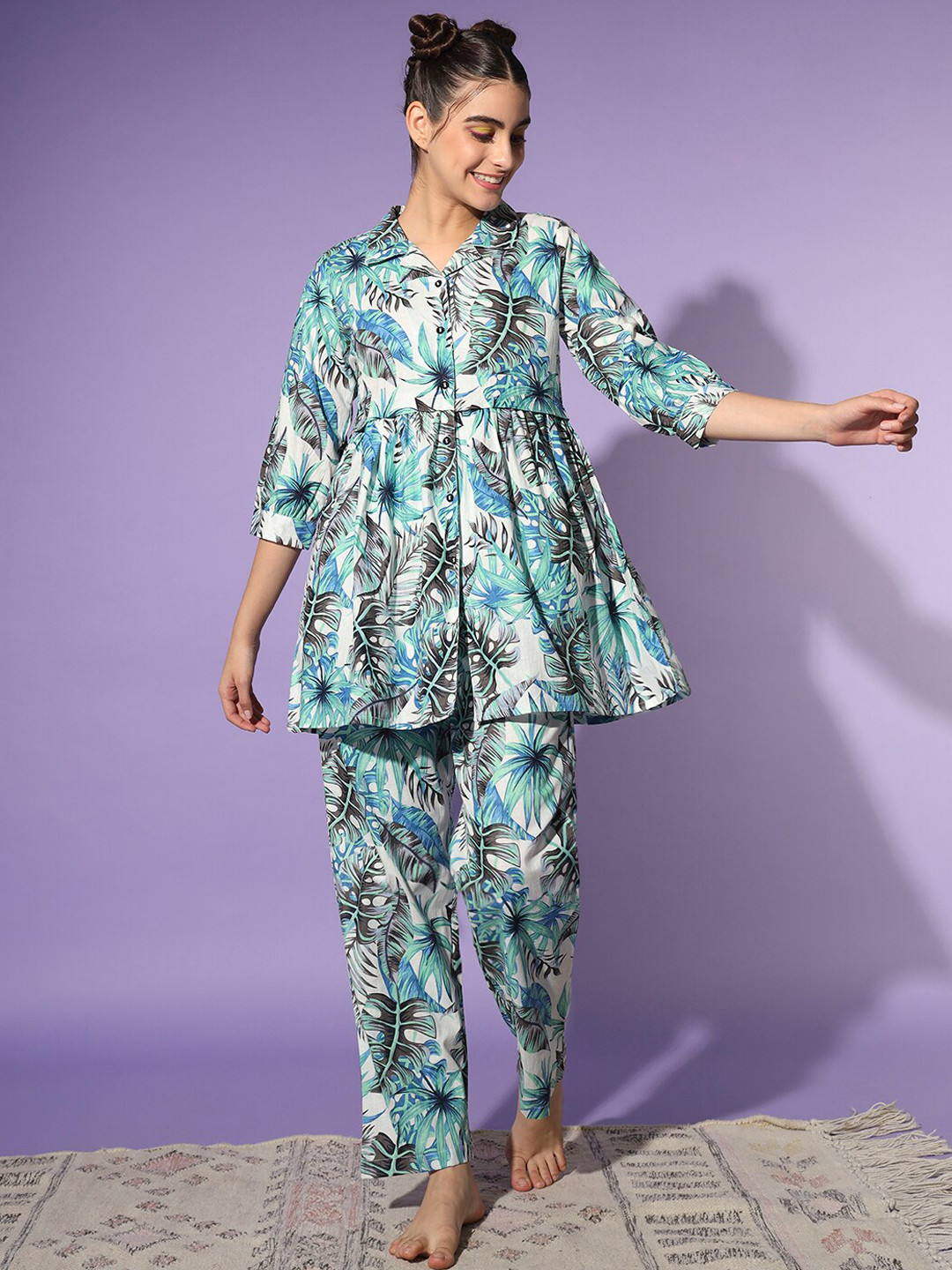 

ETC Pure Cotton Floral Printed Tunic And Trouser, Off white