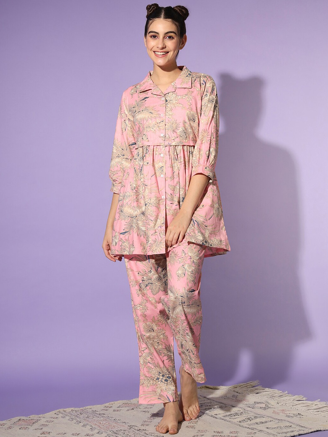 

ETC Pure Cotton Floral Printed Tunic And Trouser, Pink