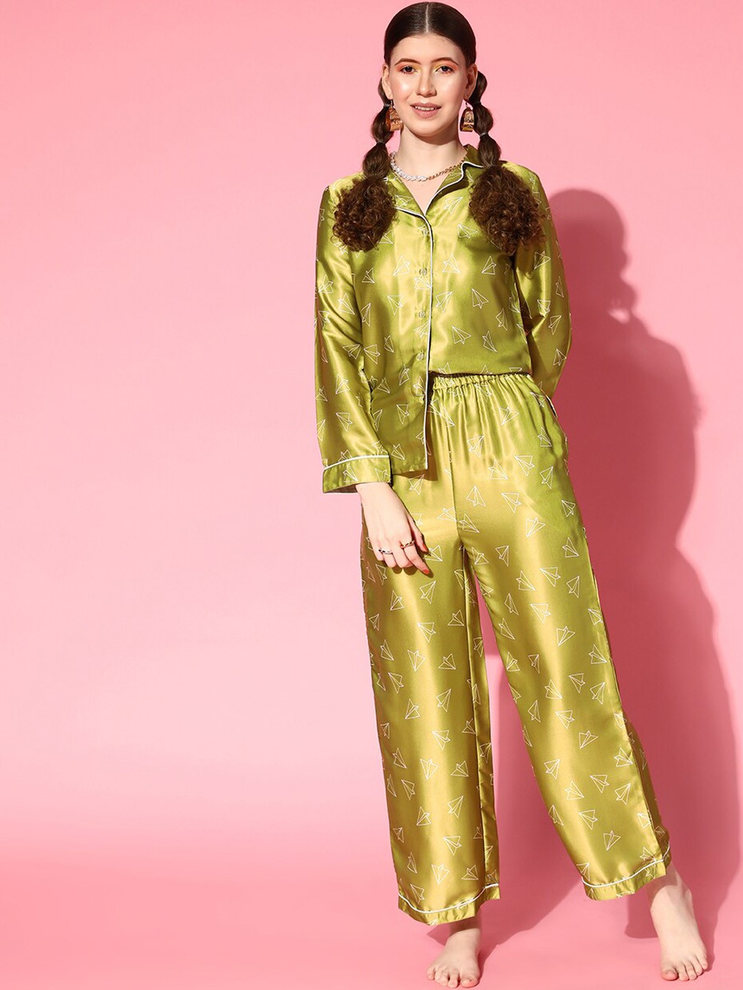 

PANIT Green Geometric Printed Satin Shirt With Trouser