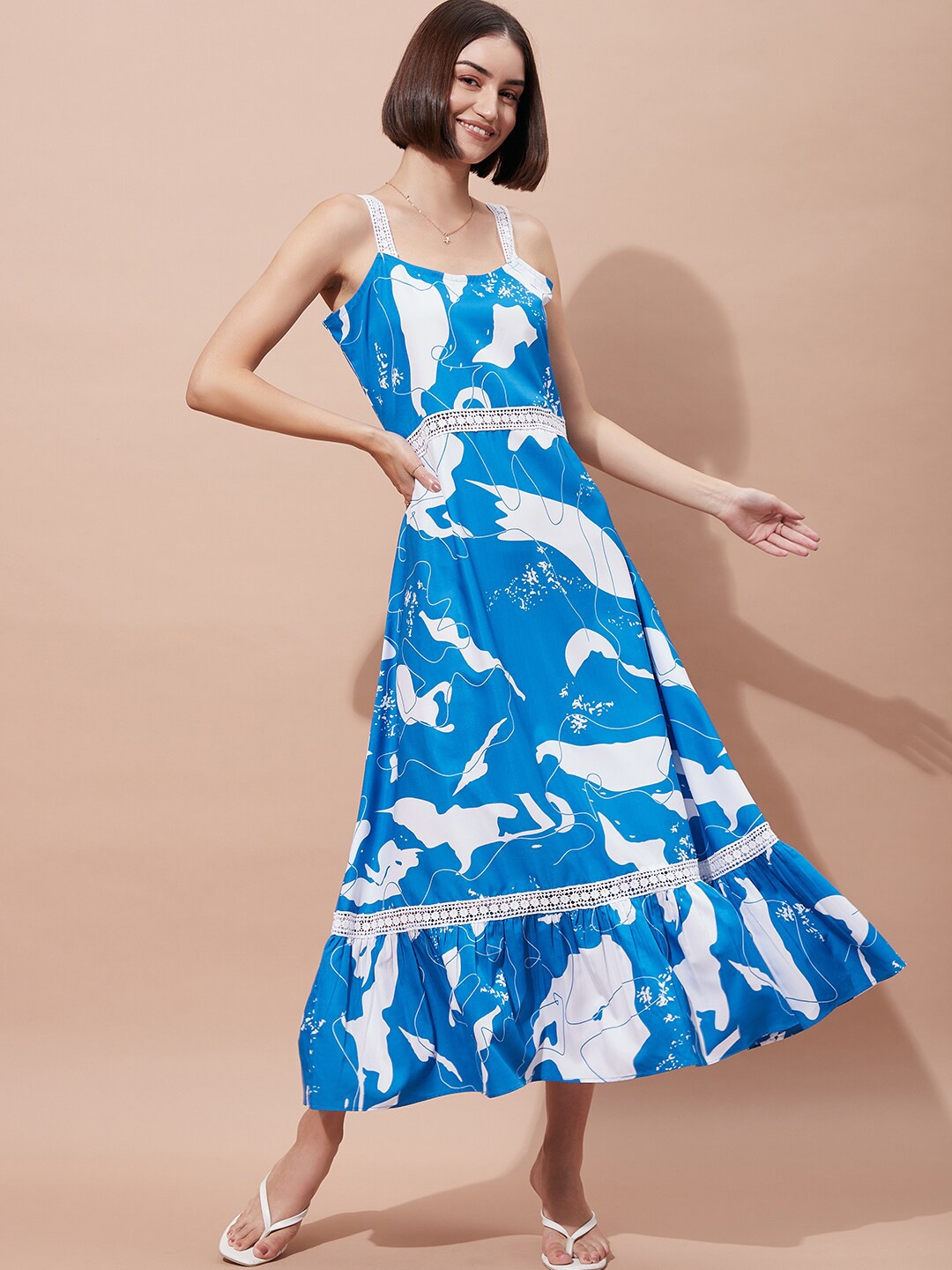 

DressBerry Blue Absatrct Printed Lace Inserts Detail Crepe A-Line Midi Dress