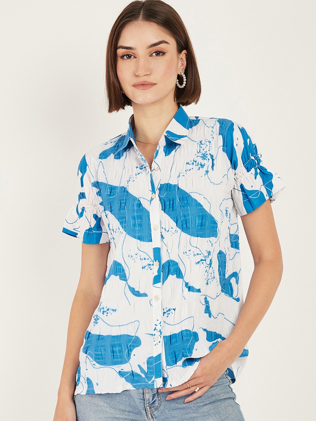 

DressBerry Blue Abstract Printed Shirt Collar Smocking Detail Shirt Style Top
