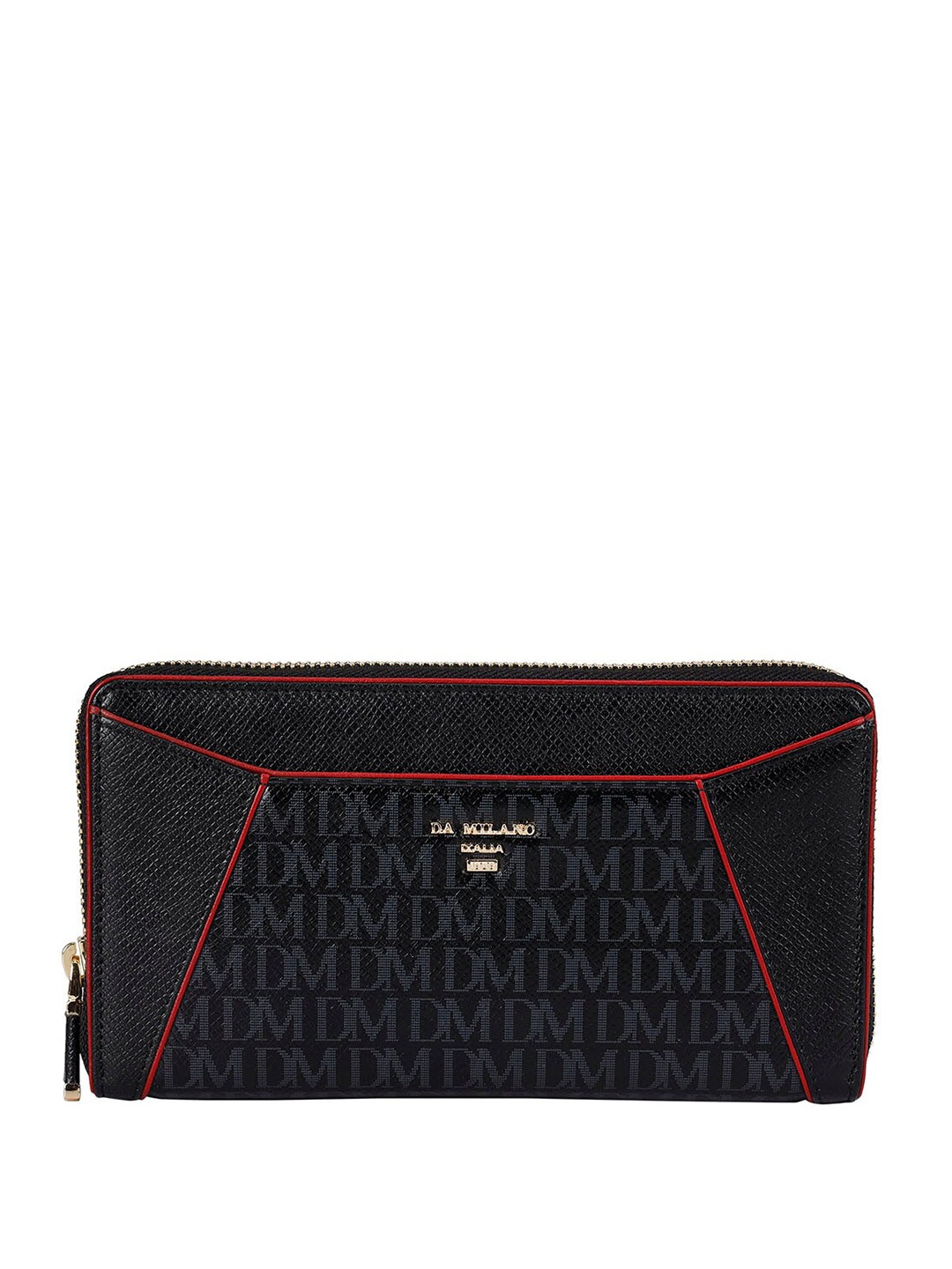 

Da Milano Women Typography Textured Leather Zip Around Wallet, Black