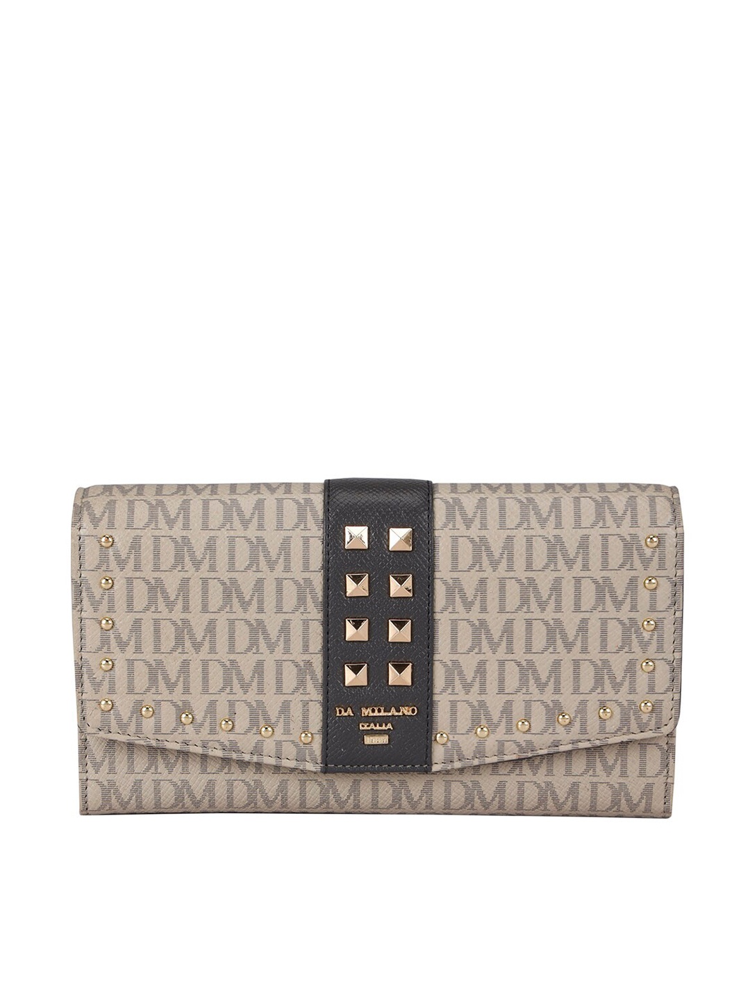 

Da Milano Women Typography Printed Leather Two Fold Wallet With Embellished, Beige