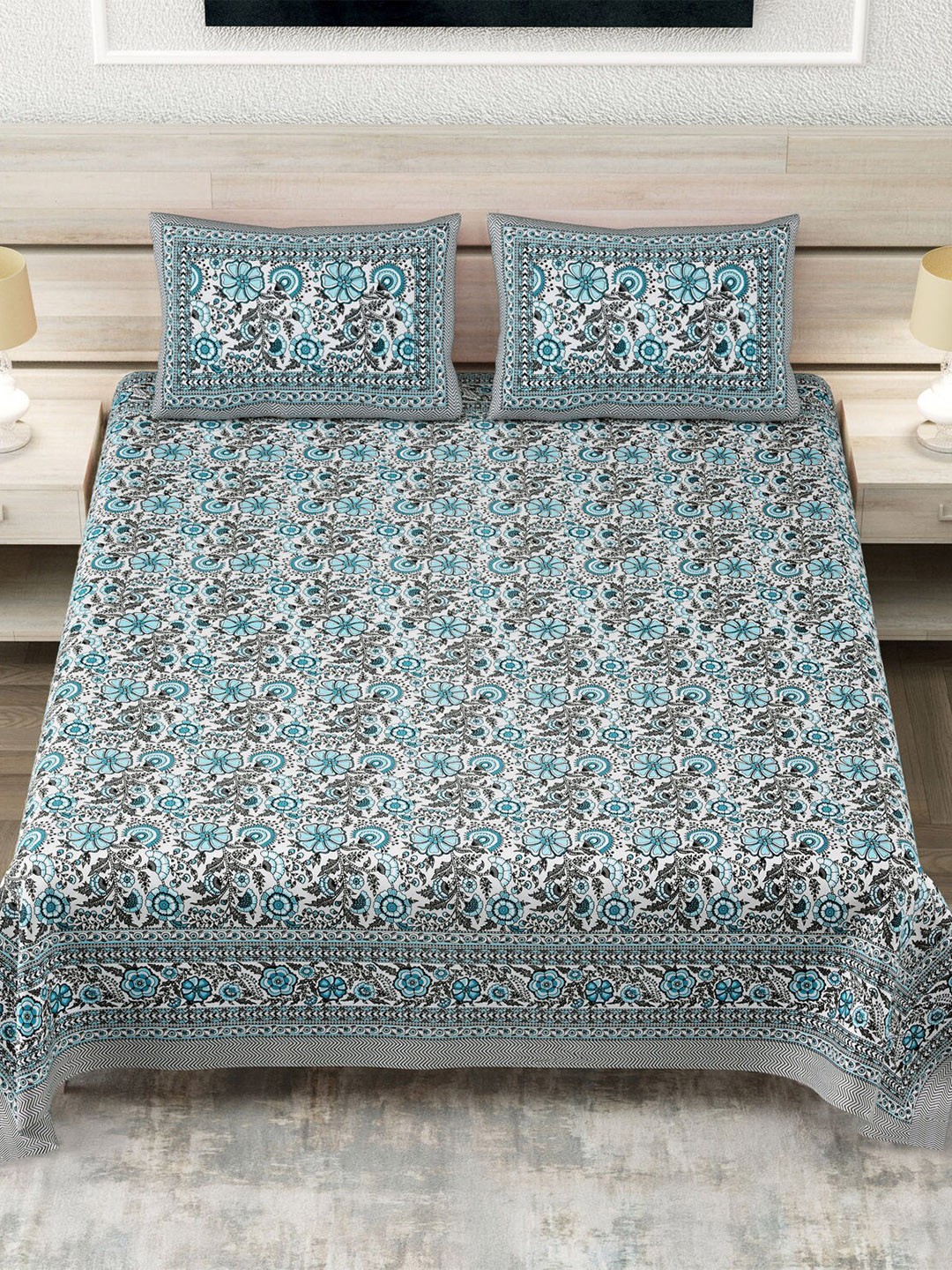 

Urban Jaipur Blue & White Geometric Cotton 210 TC Queen Bedsheet With 2 Pillow Covers