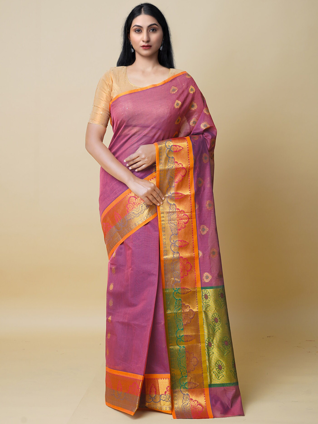 

Unnati Silks Woven Design Zari Pure Cotton Gadwal Saree, Mauve