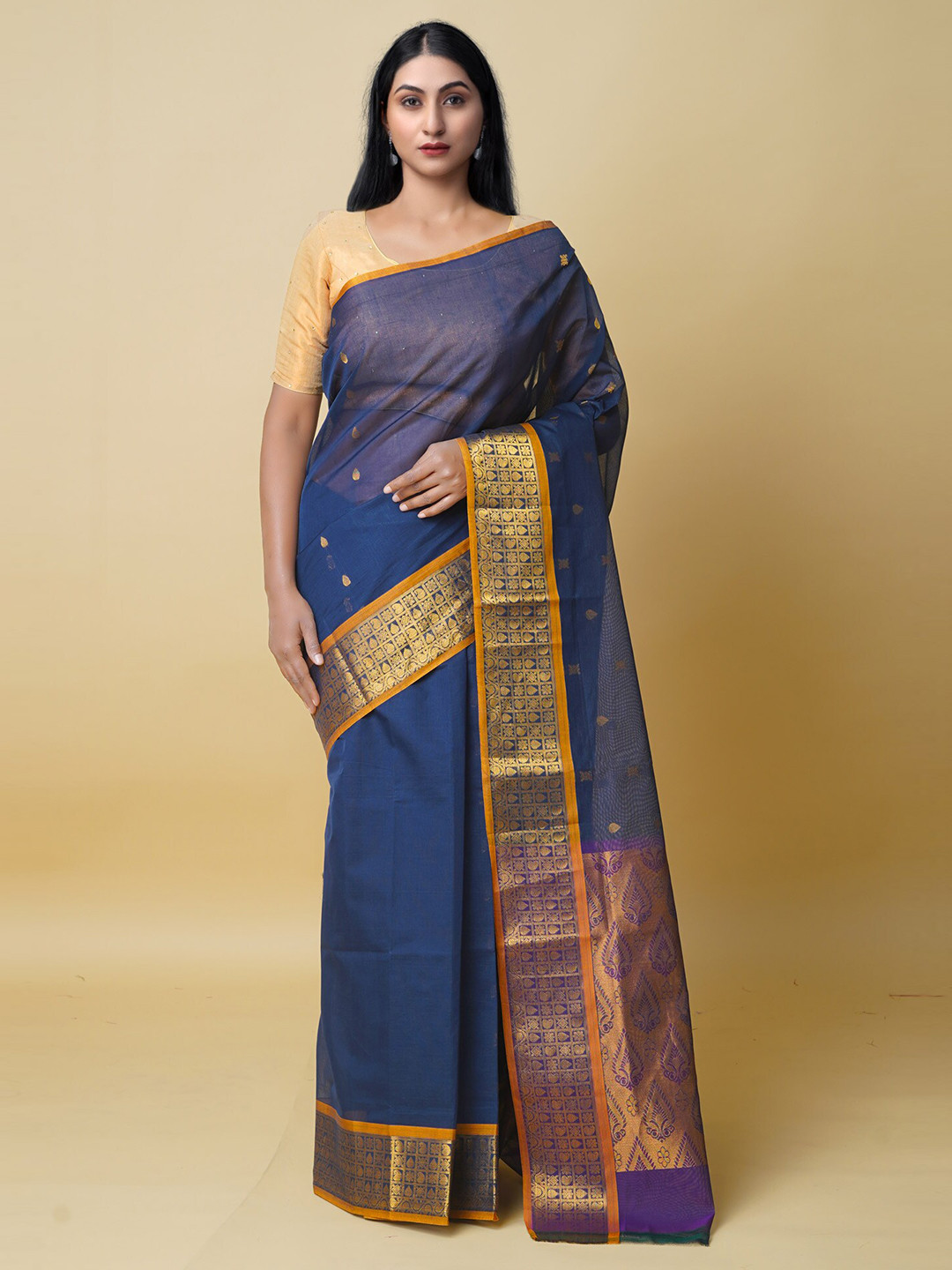 

Unnati Silks Ethnic Motifs Woven Design Zari Pure Cotton Gadwal Saree, Navy blue