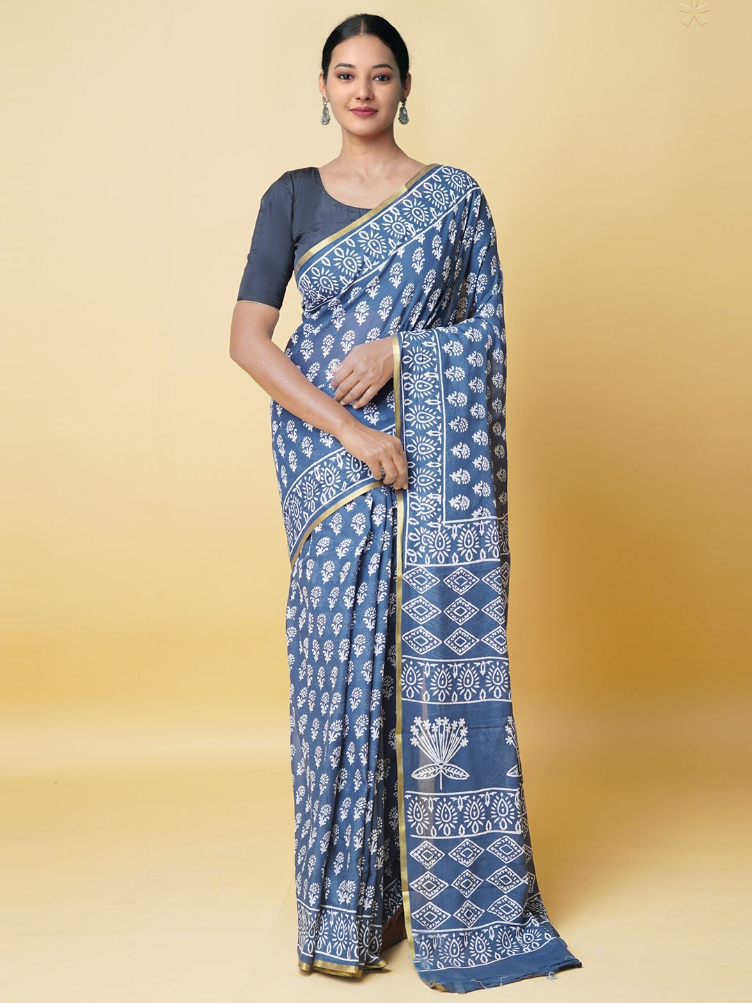 

Unnati Silks Ethnic Motifs Zari Pure Cotton Block Print Saree, Blue