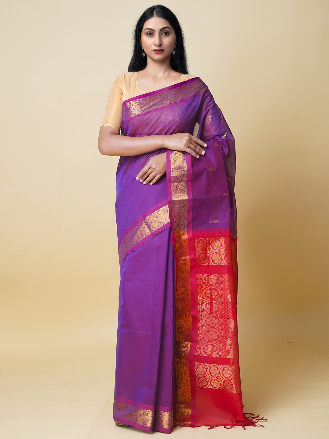 

Unnati Silks Solid Zari Silk Cotton Gadwal Saree, Purple