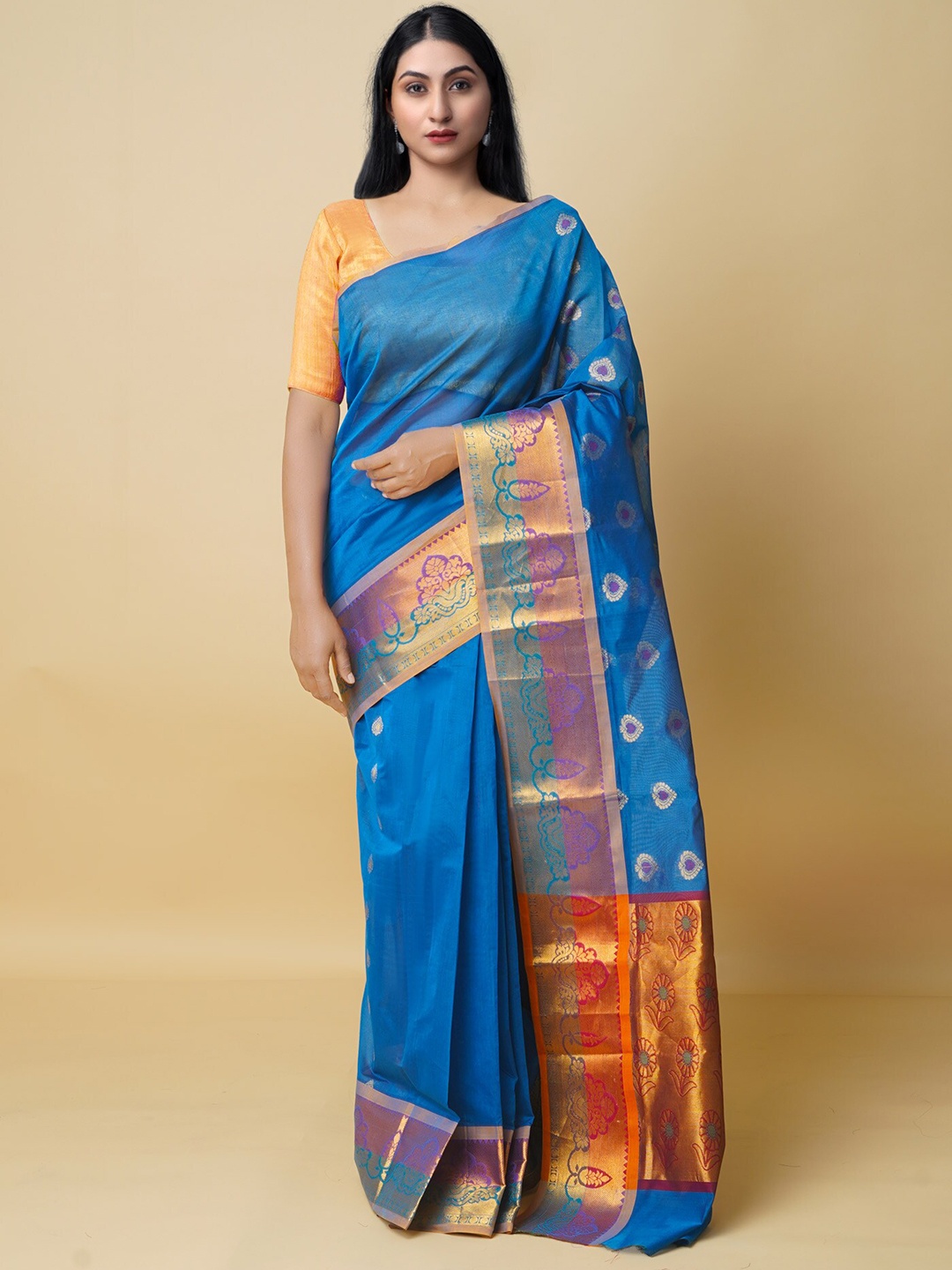 

Unnati Silks Woven Design Zari Pure Cotton Handloom Gadwal Saree, Blue