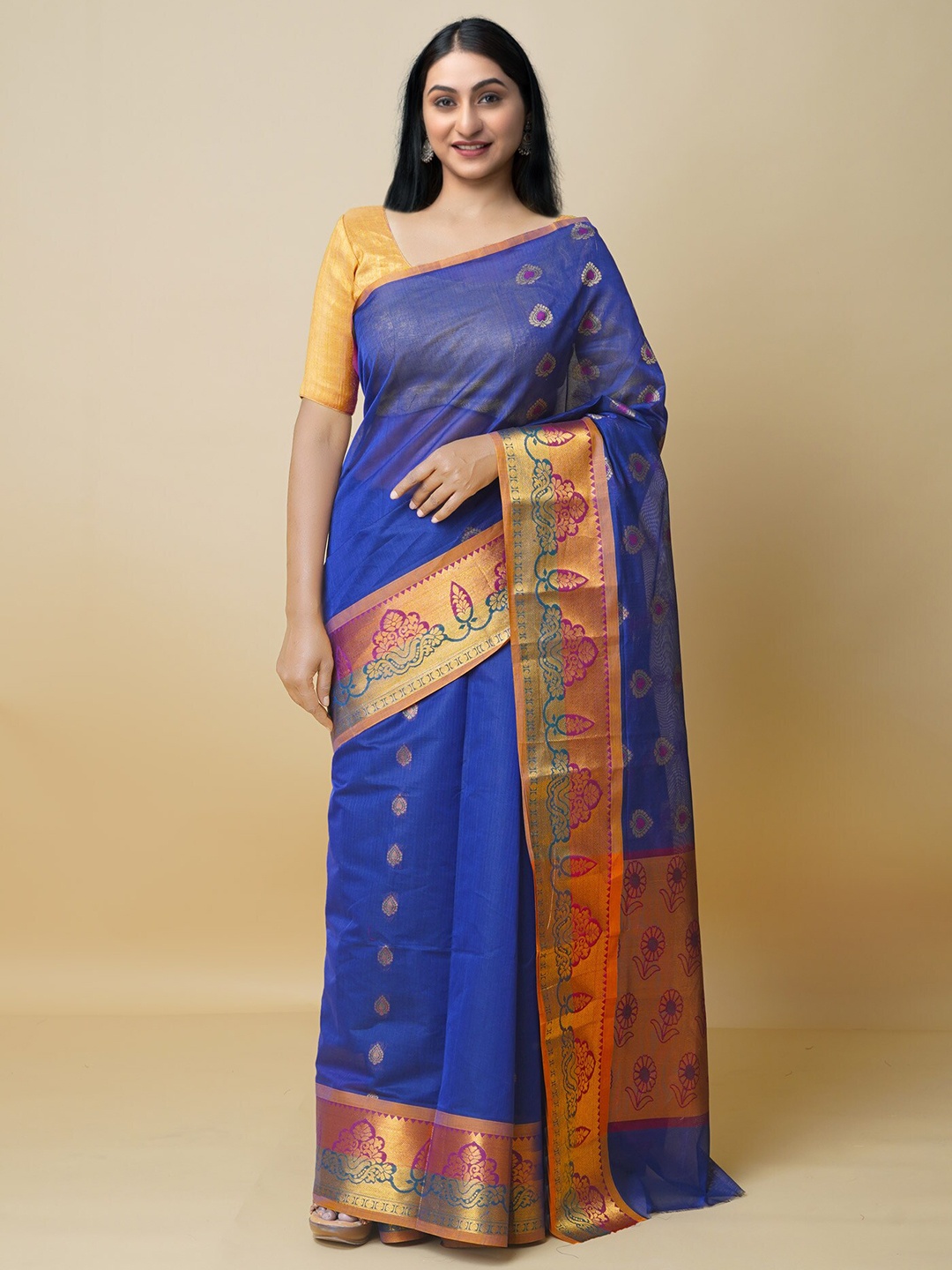 

Unnati Silks Woven Design Zari Pure Cotton Gadwal Saree, Navy blue