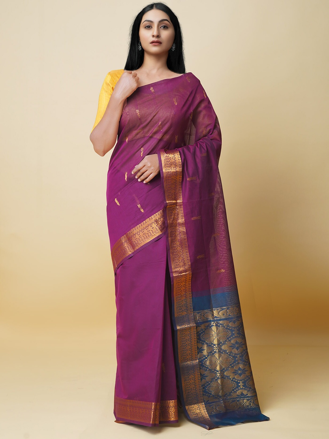 

Unnati Silks Ethnic Motifs Woven Design Zari Pure Cotton Gadwal Saree, Burgundy