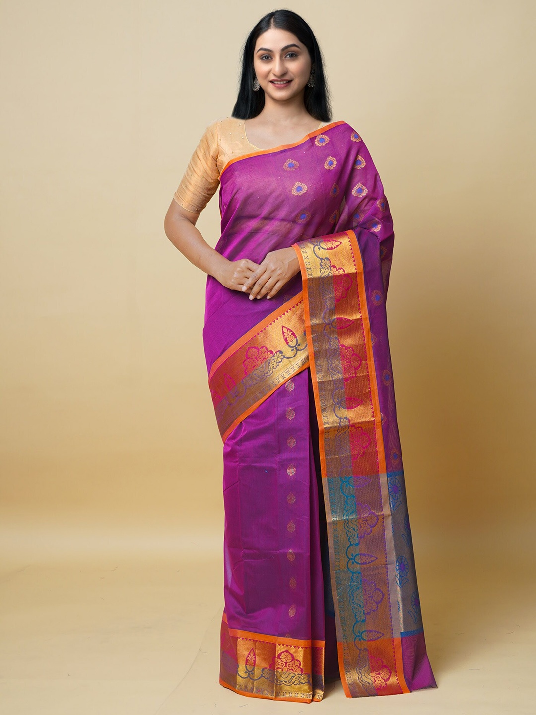 

Unnati Silks Ethnic Motifs Woven Design Zari Pure Cotton Handloom Gadwal Saree, Pink