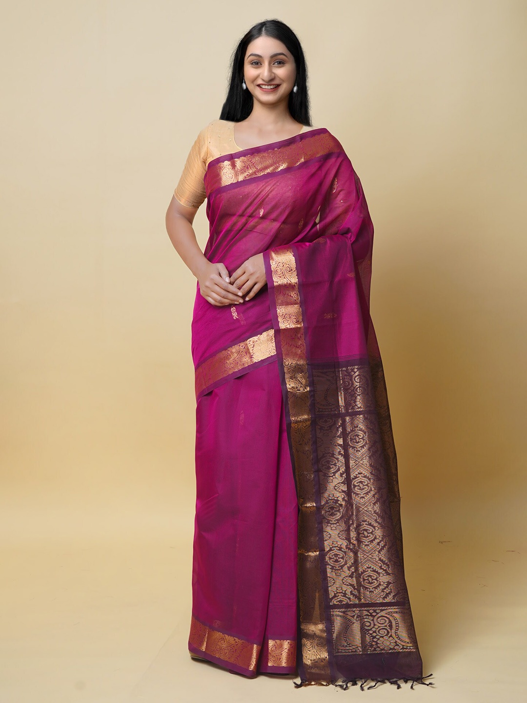 

Unnati Silks Ethnic Motifs Woven Design Zari Silk Cotton Handloom Gadwal Saree, Purple