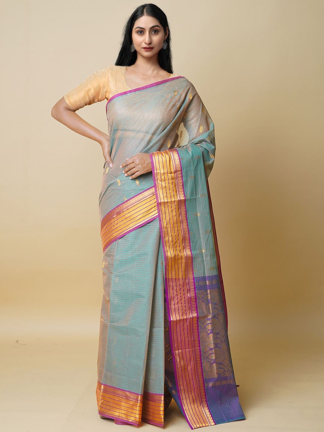 

Unnati Silks Ethnic Motifs Woven Design Zari Pure Cotton Handloom Gadwal Saree, Green