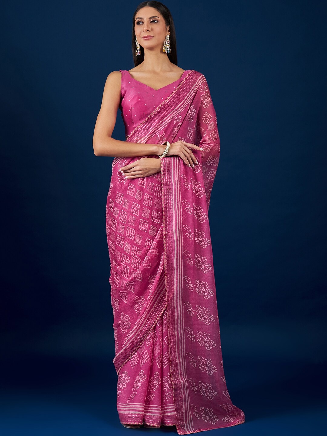 

Anouk Pink & White Geometric Printed Pure Chiffon Saree