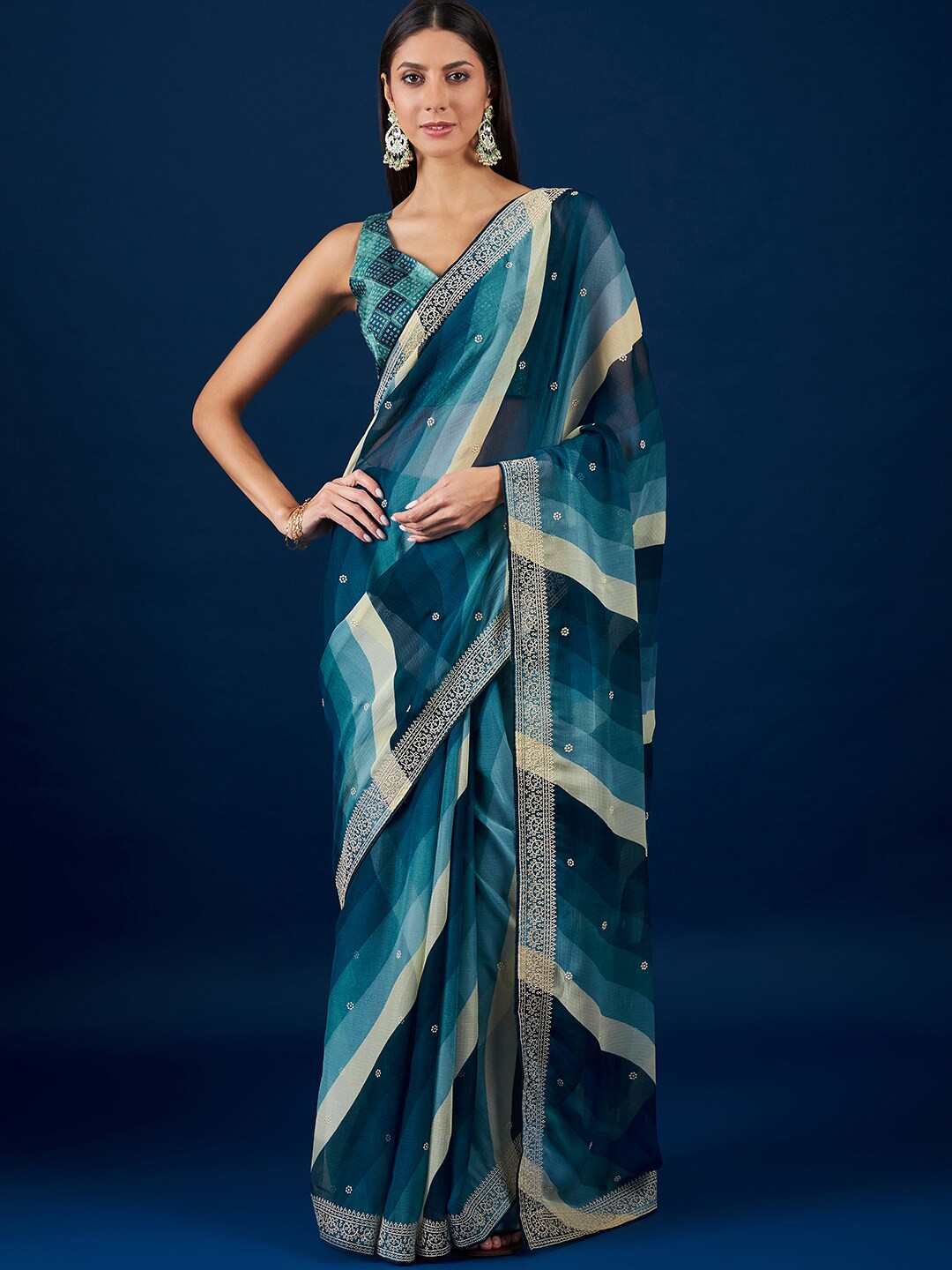 

Anouk Blue & Green Leheriya Printed Embroidered Pure Chiffon Saree