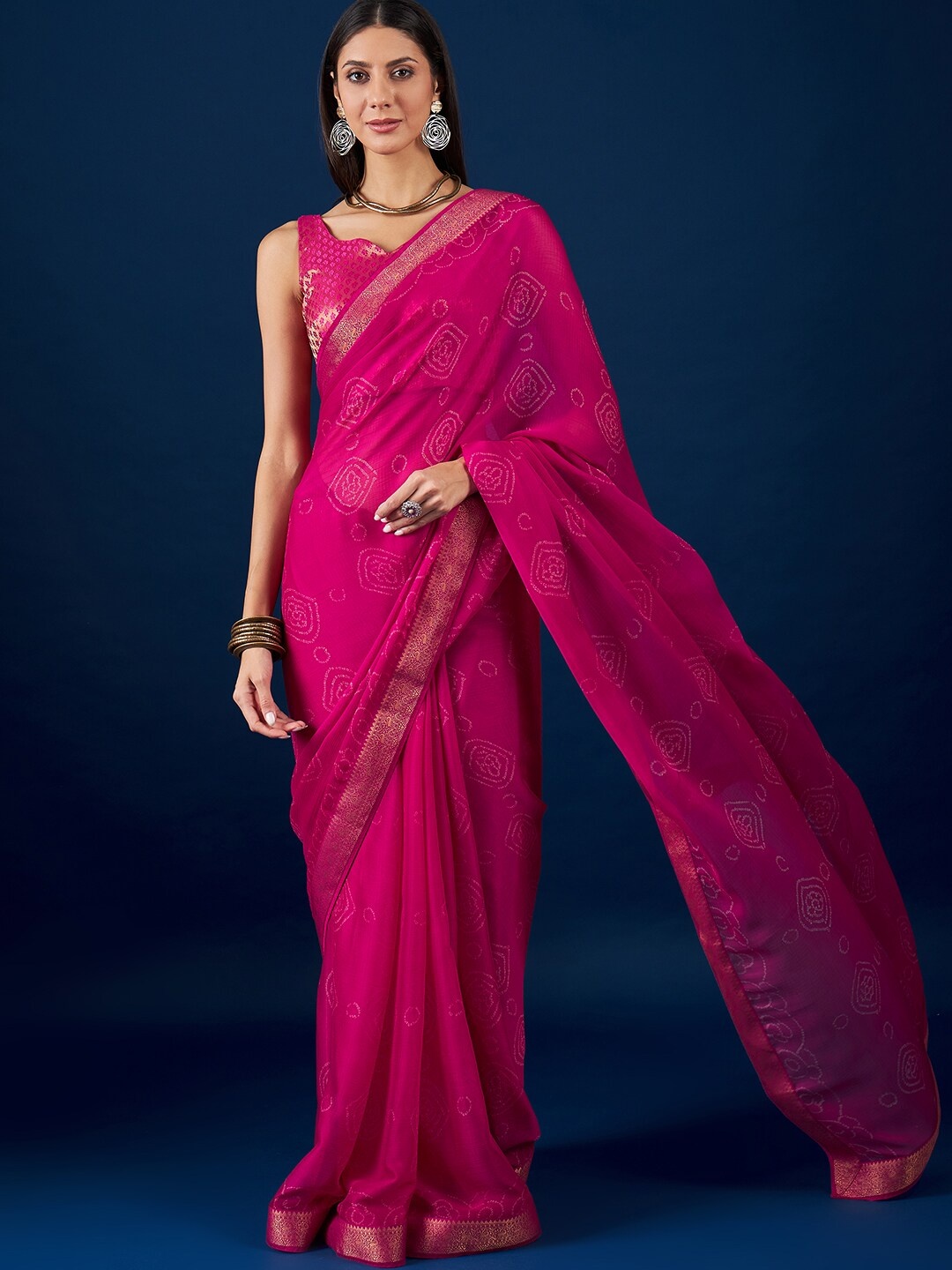 

Anouk Pink & White Bandhani Printed Zari Pure Chiffon Saree