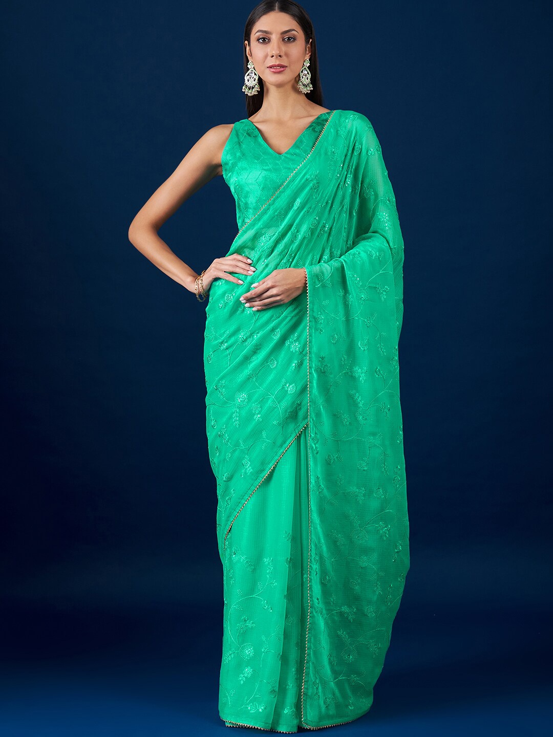 

Anouk Fluorescent Green Floral Embroidered Gotta Patti Pure Chiffon Saree