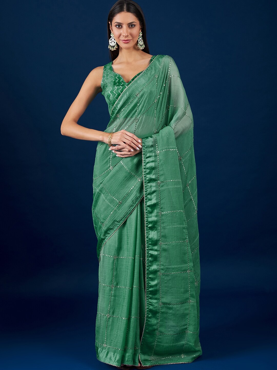 

Anouk Green Geometric Embroidered Sequinned Pure Chiffon Saree