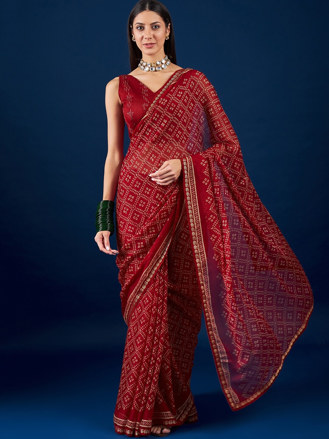 

Anouk Maroon & White Bandhani Printed Zari Pure Chiffon Saree