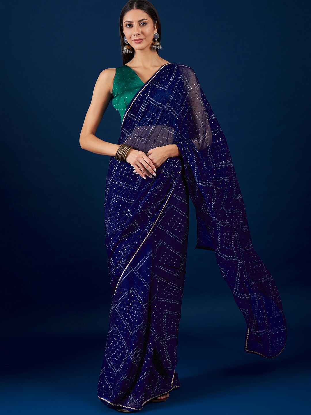 

Anouk Blue & White Printed Sequined Pure Chiffon Bandhani Saree