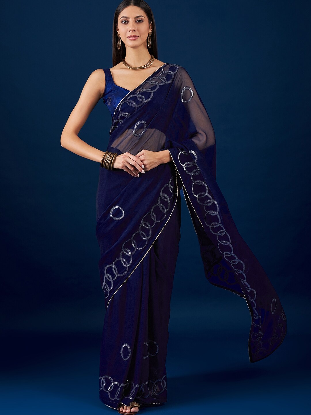 

Anouk Blue Geometric Embroidered Sequinned Pure Chiffon Saree
