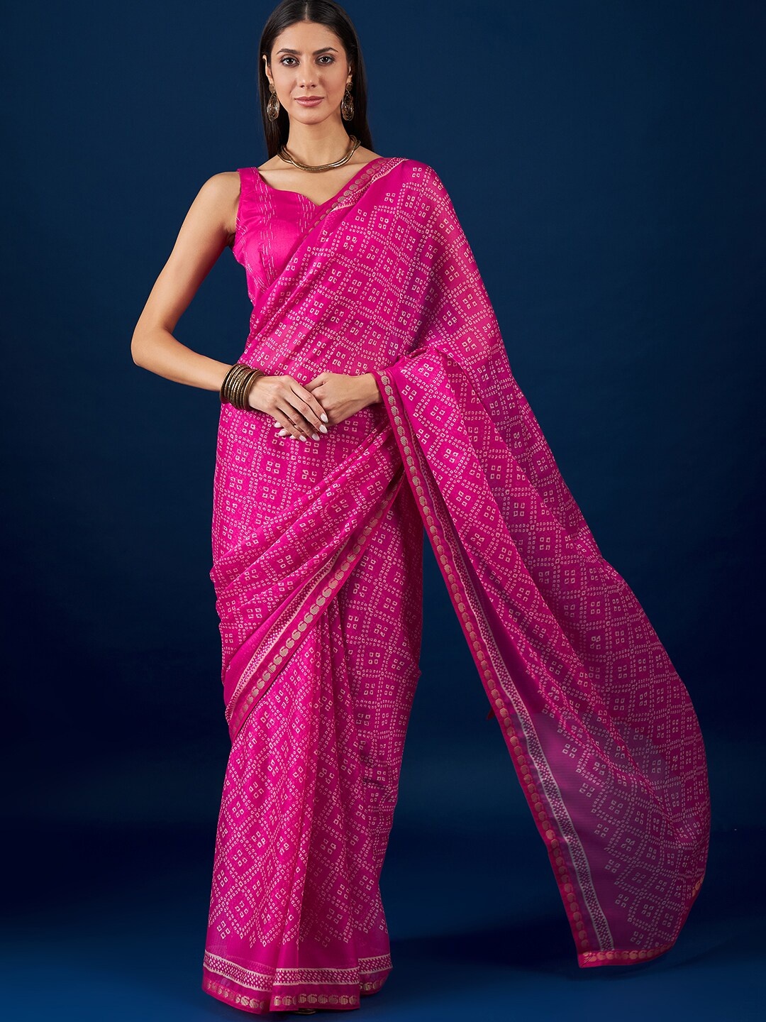 

Anouk Pink & White Printed Zari Pure Chiffon Bandhani Saree