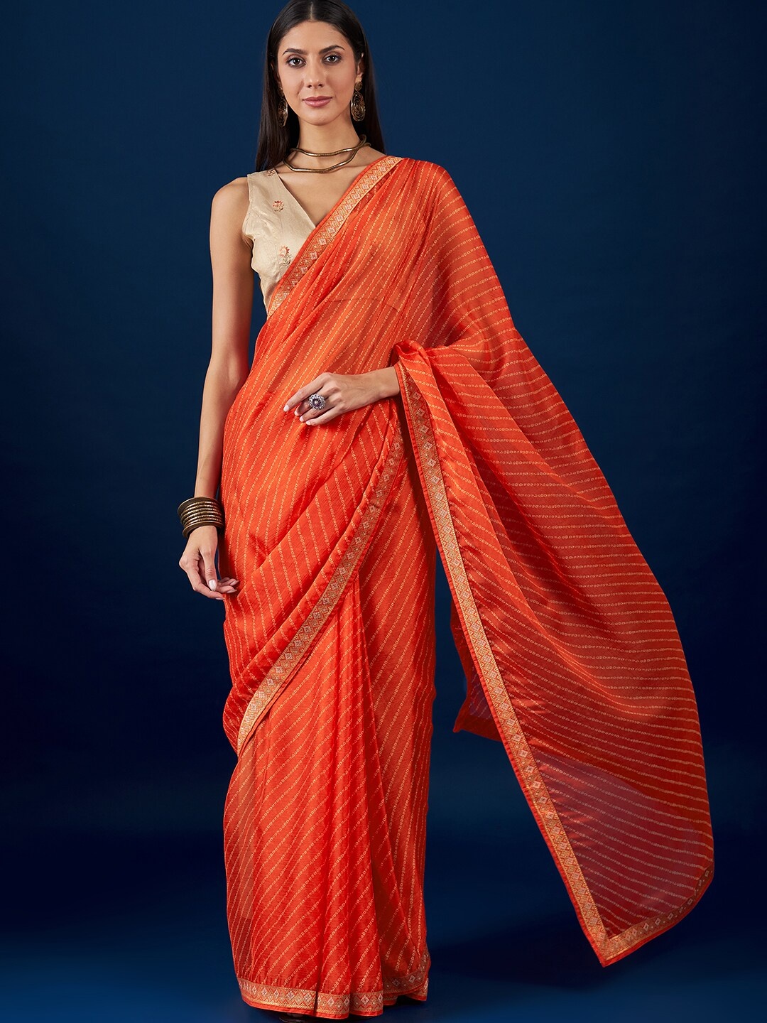 

Anouk Orange & White Printed Zari Pure Chiffon Bandhani Saree