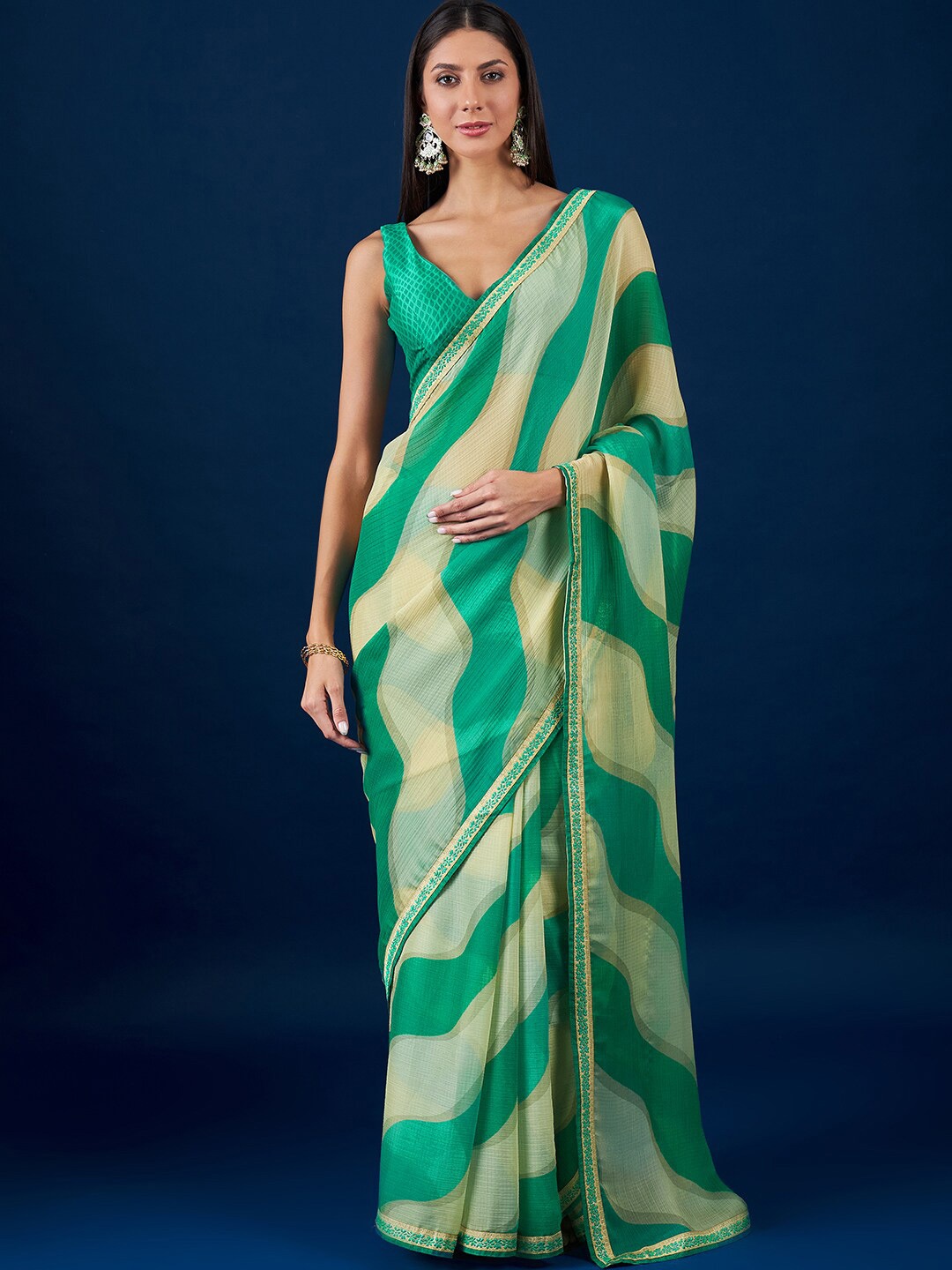 

Anouk Green & Beige Leheriya Printed Pure Chiffon Leheriya Saree