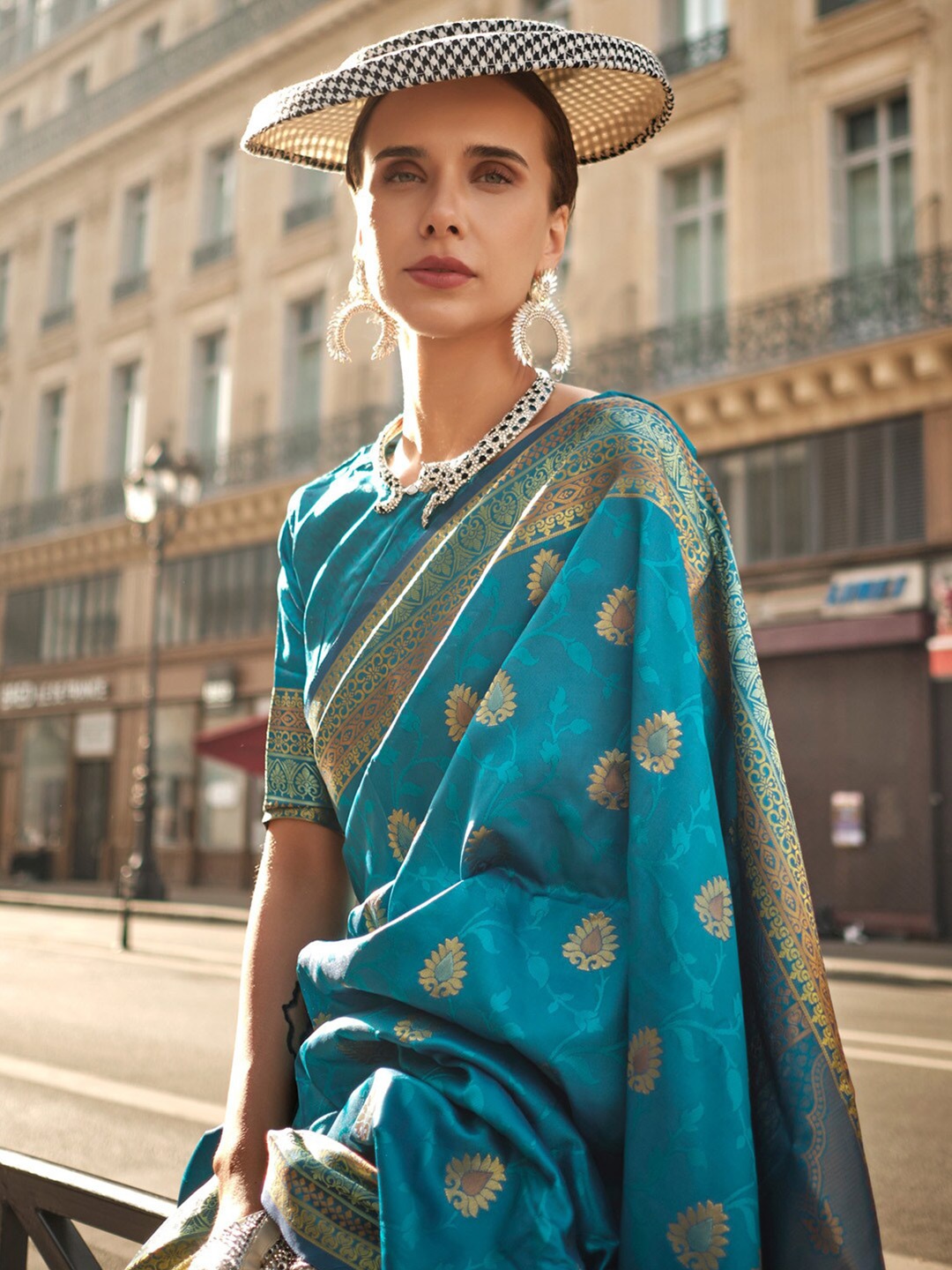 

Mitera Blue Gold-Toned Ethnic Motifs Woven Design Zari Silk Banarasi Saree