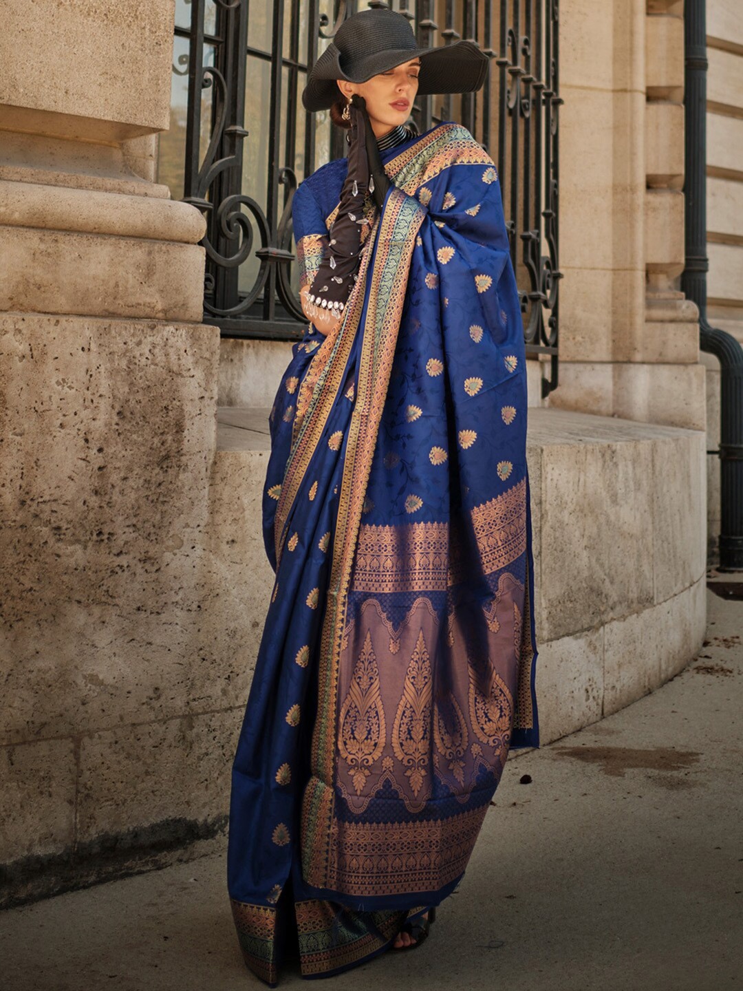 

Mitera Navy Blue Gold-Toned Ethnic Motifs Woven Design Zari Silk Banarasi Saree